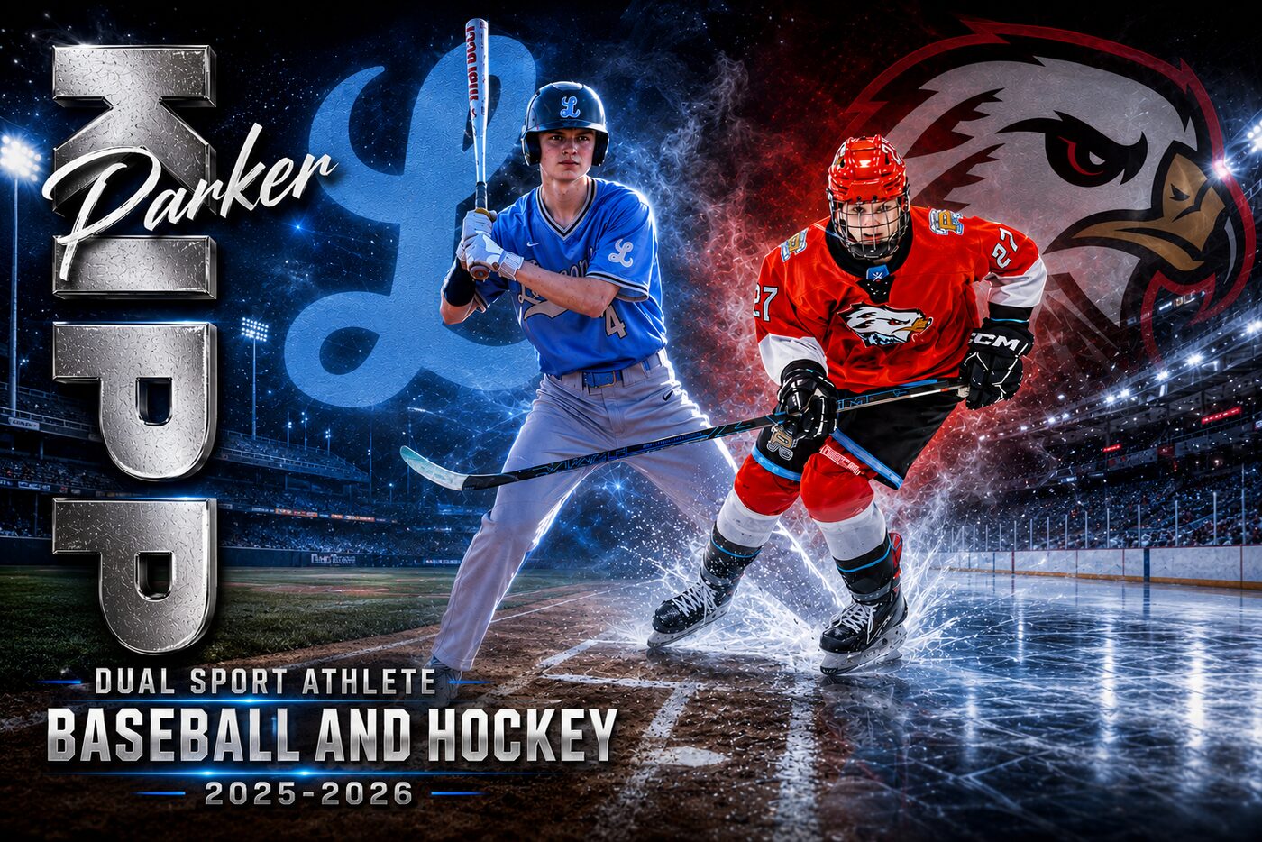 Custom dual-sport athlete poster — baseball and hockey